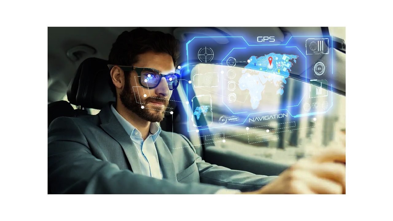 a man wearing AI Smart Glasses for GPS Navigation when driving